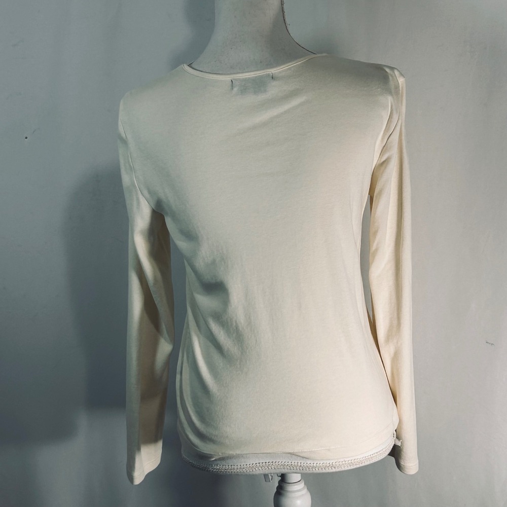 Chaps Womens Cream Ivory‎ Lace Trim V-Neck Long Sleeve 100% Cotton Top Size M - Picture 5 of 7